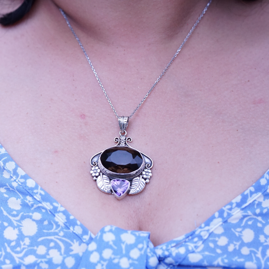 Smokey Quartz and Amethyst w/ Silver Leaf Art Bonding