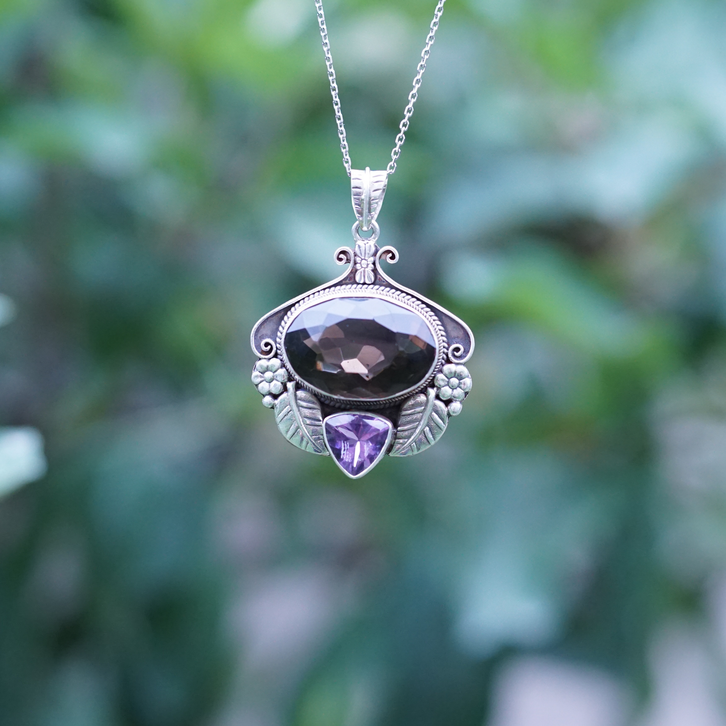 Smokey Quartz and Amethyst w/ Silver Leaf Art Bonding